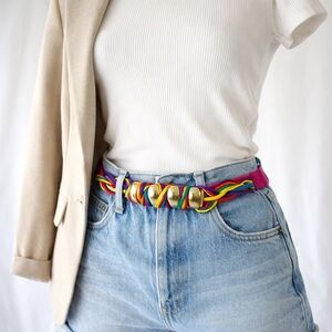 Vintage Ginnie Johansen Multicolor Rope Statement Belt Gold Beads